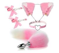 4Pcs Cute Fox Tail Anal Plug Cat Ears Headbands Nipple Clip Neck Collar Set Erotic Cosplay Butt Plug Trainer Sex Toys for Women for Couples Erotic White Pink One Size