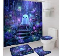 4Pcs Cute Ghost Shower Curtain Set, Blue Violet Fantasy Flower Bath Mat Rugs Accessories for Bathroom Decor, Modern Waterproof Fabric Shower Curtain with Hooks 72x72 Inch