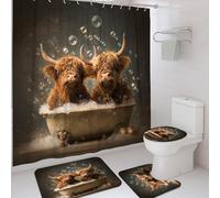 4Pcs Cute Highland Cow Shower Curtain Set, Brown Bubble Bath Mat Rugs Accessories for Bathroom Decor, Modern Rustic Waterproof Fabric Shower Curtain Set with Hooks 72x72 Inch