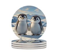 4PCS Cute Penguins Coasters Non-Slip Round Drink Coasters with Ceramic Stone and Cork Base, Heat Resistant Absorbent 33.00Stone Coaster Set for Kinds of Mugs and Cups, 4 Inch
