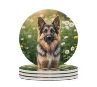 4PCS Cute Pet German Shepherd Dog Coasters Non-Slip Round Drink Coasters with Ceramic Stone and Cork Base, Heat Resistant Absorbent 33.00Stone Coaster Set for Kinds of Mugs and Cups, 4 Inch