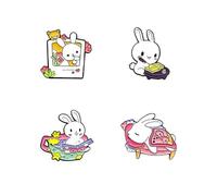 4pcs Cute Rabbit Brooch Enamel Pins Set Novelty Kawaii Cartoon Animal Writing Look Mirror Bathing Sleeping Bunny Lapel Badges Pin Brooches Backpack Clothing Hat Bag Jewelry Easter Gift for Women
