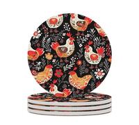 4PCS Cute Rooster Chickens Coasters Non-Slip Round Drink Coasters with Ceramic Stone and Cork Base, Heat Resistant Absorbent 33.00Stone Coaster Set for Kinds of Mugs and Cups, 4 Inch