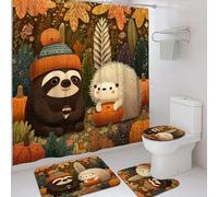 4Pcs Cute Sloth Hedgehog Shower Curtain Set, Orange Brown Animal Bath Mat Rugs Accessories for Fall Bathroom Decor, Waterproof Fabric Set with Hooks 72x72 Inch