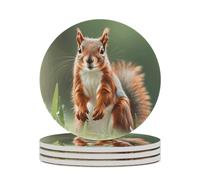 4PCS Cute Squirrels Coasters Non-Slip Round Drink Coasters with Ceramic Stone and Cork Base, Heat Resistant Absorbent 33.00Stone Coaster Set for Kinds of Mugs and Cups, 4 Inch