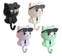 4Pcs Cute Wall Hooks Self-Adhesive Cat Key Holder Heavy Duty ABS Plastic Cat Wearing Sunglasses Cute Key Holder for Coat Bag Hat Towel Wall Hanging Decorations Cute Key Holder Cat Hooks Cute Key Holde