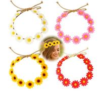 4pcs Daisy and Sunflower Flower Headband, Adjustable Boho Floral Hair Wreath, Beautiful Flower Crown, Flower Headbands for Women and Girls - Wedding, Beach, Festival