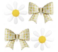 4Pcs Daisy Bow Balloons Yellow Gingham Floral Party Decor, Cute Coquette Bow and White Daisy Flower Balloons for Spring Summer Birthday Picnic Baby Shower Bridal Shower Groovy Garden Party Decor