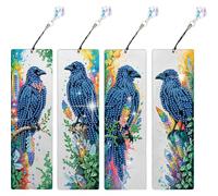 4Pcs Dark Crow DIY Diamond Painting Bookmark for Reading Enthusiasts | 4Pcs Halloween DIY Diamond Bookmarks; includes tools; crystal diamonds; butterfly pendant; engaging, easy for beginners;