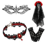 4pcs Day of the Dead Costume Set, Gothic Bride Veil, Black Gloves, Lace Eye Mask, Red Gemstone Necklace, Perfect for Halloween Parties, Day of the Dead Celebrations, Horror Themed Events