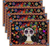 4pcs Day of the Dead Skull Placemats Mexican Style Table Mats Colorful Flower Skull Table Placemat for Dia De Los Muertos Halloween Home Kitchen Supplies