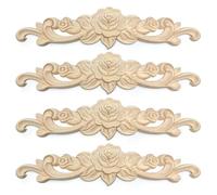 4Pcs Decorative Wood Carved Appliques Onlays, 20 x 5 cm Unpainted Solid Wood Rose Long Carving Decal Rosette Moulding Decals Applique for Furniture Cabinet Bed Wardrobe Closet DIY Decoration