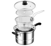 4Pcs Deep Fryer Set, Stainless Steel Deep Oil Fryer Pan with Clear Glass Lid & Steaming Tray & Strainer Basket for Frying, Steaming