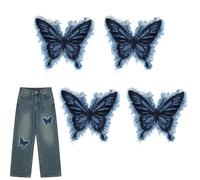 4pcs Denim Butterfly Iron-On/Sew-On Patches with Fringe, Embroidered Applique for Kids Jeans Jackets Bags Hats Shoes Clothes Embroidery Retro Blue Decorative & Repair Patches for DIY Fashion