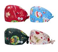 4Pcs Dental Caps for Women Men Adjustable Dentist Scrub Cap Elastic Nurse Hats Working Hats with Button and Sweatband, Christmas Style a, 2-8