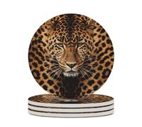 4PCS Depict A Leopard Coasters Non-Slip Round Drink Coasters with Ceramic Stone and Cork Base, Heat Resistant Absorbent 33.00Stone Coaster Set for Kinds of Mugs and Cups, 4 Inch