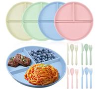 4Pcs Divided Dinner Plates Cutlery Sets, 9in Portion Control Plates, Reusable Plastic Camping Plates and Cutlery Portion Control Plate, Microwave and Dishwasher Safe, for Adult Children (Circular)
