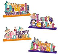 4PCS Diwali Decorations Wood Table Centerpiece for Happy Diwali Let's Get Lit Warm Wishes, Light Candle Henna Pattern Wooden Decor for Traditional Festival Party Celebration Supplies