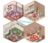 4pcs Diy 3d house stickers, 3d house sticker set, 3d sticker scene, 3d stickers, coffee stickers, Coffee Shop/Restaurant/Bookstore, Cute Korean Cartoon Scene Stickers for Adult Kids Relief Stress Pass