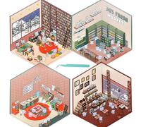 4pcs DIY 3D House Stickers 3D Sticker Scene with Convenience Store Bakery Laundry Study Themes 3D Stickers Cute Korean Cartoon Scene Stickers Therapy for Relief Stress Pass and Creative Decor