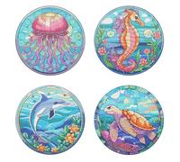 4PCS DIY Diamond Painting Placemats-Sea Animals Round Design Table Hot pad Coasters for Modern Dining