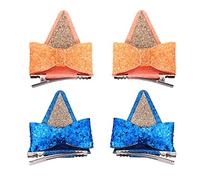 4pcs Dog Ears Hair Clips, Glitter Bow Barrettes for Toddlers Girls Cute Hair Accessories for Bluey Animal Cosplay for Birthday Party Halloween Costume Supplies for Bingo (Blue & Orange)