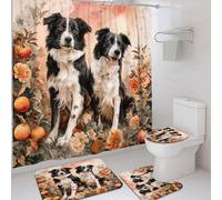 4Pcs Dog Floral Shower Curtain Set, Black White Canine Bath Mat Rugs Accessories for Bathroom Decor, Spring Modern Waterproof Fabric Shower Curtain Set with Hooks 72x72 Inch
