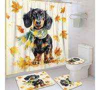 4Pcs Dog Shower Curtain Set, Black and Tan Puppy Autumn Leaves Bath Mat Rugs Accessories for Bathroom Decor, Fall Waterproof Fabric Shower Curtain with Hooks 72x72 Inch