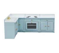 4Pcs Dollhouse Kitchen Set, Wooden 1/12 Scale Toy Stove Sink Cabinet Cooking Table Set, Dollhouse Furniture Delicate Model Decor Realistic Accessory Pretend Play DIY Supplies, Sky-blue