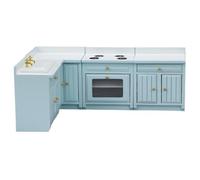 4Pcs Dollhouse Kitchen Set, Wooden 1/12 Scale Toy Stove Sink Cabinet Cooking Table Set, Dollhouse Furniture Delicate Model Decor Realistic Accessory Pretend Play DIY Supplies, Sky-blue, Ki