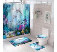 4pcs Dolphin and Ocean Life Shower Curtain Set, Polyester Bath Curtain, Blue Ocean Undersea World Colorful Fish Coral Seabed Waterproof Curtain, Rugs,Toilet Lid Cover and Bath Mat Bathroom Decor Set