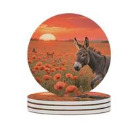 4PCS Donkey & Butterflie Coasters Non-Slip Round Drink Coasters with Ceramic Stone and Cork Base, Heat Resistant Absorbent 33.00Stone Coaster Set for Kinds of Mugs and Cups, 4 Inch