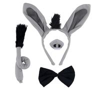 4pcs Donkey Costume Accessories Set, Funny Cute Donkey Ears Headband Nose Tail Bow Tie Animal Fancy Dress up Outfit Halloween Christmas Party Cosplay Kit for Adults Kids Girls Boys