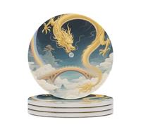 4PCS Dragon Rainbow Bridge Coasters Non-Slip Round Drink Coasters with Ceramic Stone and Cork Base, Heat Resistant Absorbent 33.00Stone Coaster Set for Kinds of Mugs and Cups, 4 Inch