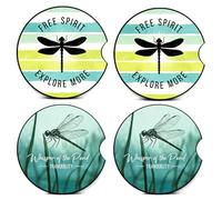 4PCS Dragonfly Car Coasters,Car Coasters for Cup Holder,Insect Cars Accessories Interior Decor Universal Neoprene 2.75" Anti-Slip Rubber Mat with Finger Slot,Dragonfly Gifts for Women,Men,Driver
