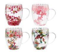 4PCS Dried Flowers Double Walled Coffee Glasses Mugs, 300ml Cute Glass Tea Cups with Handles, Insulated Heat Resistant Cappuccino Latte Macchiato Glasses Cups for Coffee Tea Milk Juice Ice Cream