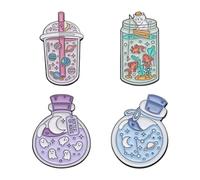 4Pcs Drifting Bottle Milk Tea Cup Brooches Pin Set Universe Animal Enamel Pin Metal Colorful Enamel Badge Clothing Backpack Accessories Gift for Women Men Kids