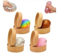 4Pcs Dumpling Squishy, Big Glitter Mystery Dumplings Squishies Box, Cute Bao Bun Fidget Real Office Desk Decor, Soft Sensory Squeeze Ball with Steamer for Anxiety Stress Relief, Novelty Surprise Gift