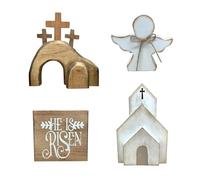 4PCS Easter Tiered Tray Decor Set Easter Tiered Tray Decorations Empty Tomb Easter Scene Angel He is Risen Wooden Sign for Rustic Home Kitchen Table Shelf Decor