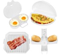 4pcs Easy Breakfast Set, Microwave Egg Cooker/Poacher, Microwave Omelet Maker, Microwavable Bacon Grill/Rack/Cooker Tray/Dish, Baked Potato Cooker, Easy To Use and Non-Stick Egg Cookwarez