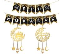 4PCS Eid Decorations, Ramadan Decorations For Home, Wooden Eid Hanging Decoration, Eid Mubarak Banner Decorations, Golden Castle & Star Moon Ramadan Decor