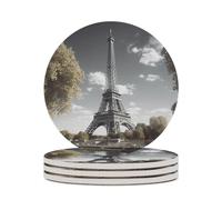 4PCS Eiffel Tower Coasters Non-Slip Round Drink Coasters with Ceramic Stone and Cork Base, Heat Resistant Absorbent 33.00Stone Coaster Set for Kinds of Mugs and Cups, 4 Inch