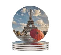 4PCS Eiffel Tower with Red Umbrella Coasters Non-Slip Round Drink Coasters with Ceramic Stone and Cork Base, Heat Resistant Absorbent 33.00Stone Coaster Set for Kinds of Mugs and Cups, 4 Inch