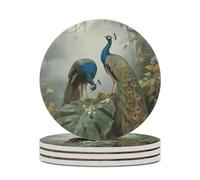 4PCS Elegant Colorful Peacock Coasters Non-Slip Round Drink Coasters with Ceramic Stone and Cork Base, Heat Resistant Absorbent 33.00Stone Coaster Set for Kinds of Mugs and Cups, 4 Inch