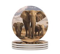 4PCS Elephant Family Coasters Non-Slip Round Drink Coasters with Ceramic Stone and Cork Base, Heat Resistant Absorbent 33.00Stone Coaster Set for Kinds of Mugs and Cups, 4 Inch