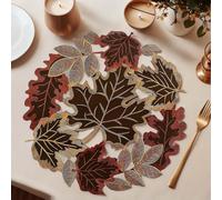 4pcs Embroidered Maple Leaf Round Doily Place-mats, Autumn Maple Leaf Table Runner Round Fall Table Mat for Thanksgiving Fall Or Autumn Harvest Decor