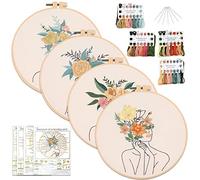 4pcs Embroidery Kit for Beginners, Women and Flower Pattern Embroidery Starter Kits for Adults, Include Embroidery Clothes with Pattern Embroidery Hoops and Instructions, Cross Stitch Set for Adults