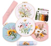 4Pcs Embroidery kits for beginners, Including Printed Embroidery Cloth with flower Patterns, 2 Plastic Embroidery Rings, 1 Pair of Scissors, Colored Threads, Needles and an Embroidery Instructions