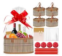 4Pcs Empty Hamper Basket Gift Baskets Empty Woven Bamboo Gift Basket with 4 Bags,4 Pull Bows and shredded paper Hamper Baskets for Baby Shower, Birthday,Housewarming (Brown, Oval-30x20cm)