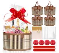 4Pcs Empty Hamper Basket Gift Baskets Empty Woven Bamboo Gift Basket with 4 Bags,4 Pull Bows and shredded paper Hamper Baskets for Baby Shower, Birthday,Housewarming (Brown, Round-25.4x25.4cm)
